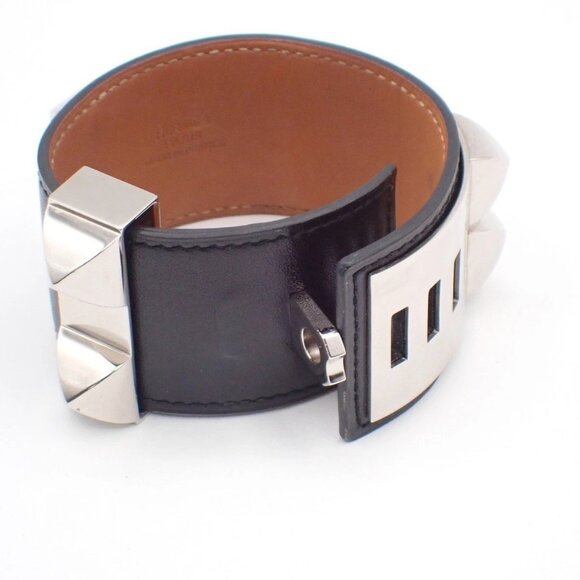 HERMES Collier de Chien Bracelet Bangle Leather Black Size S France 76RL692 - Picture 6 of 14